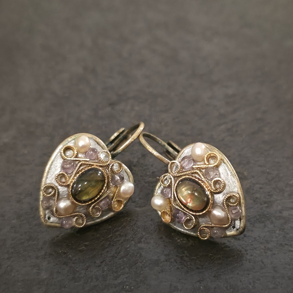 Vintage 90s Michal Golan Amethyst & Abalone Heart Earrings